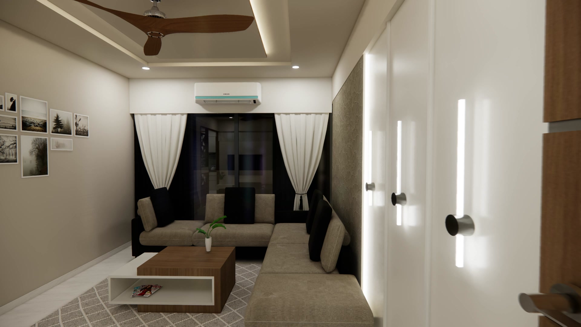 Aqua Fort — living room with a photo gallery wall and sectional sofa