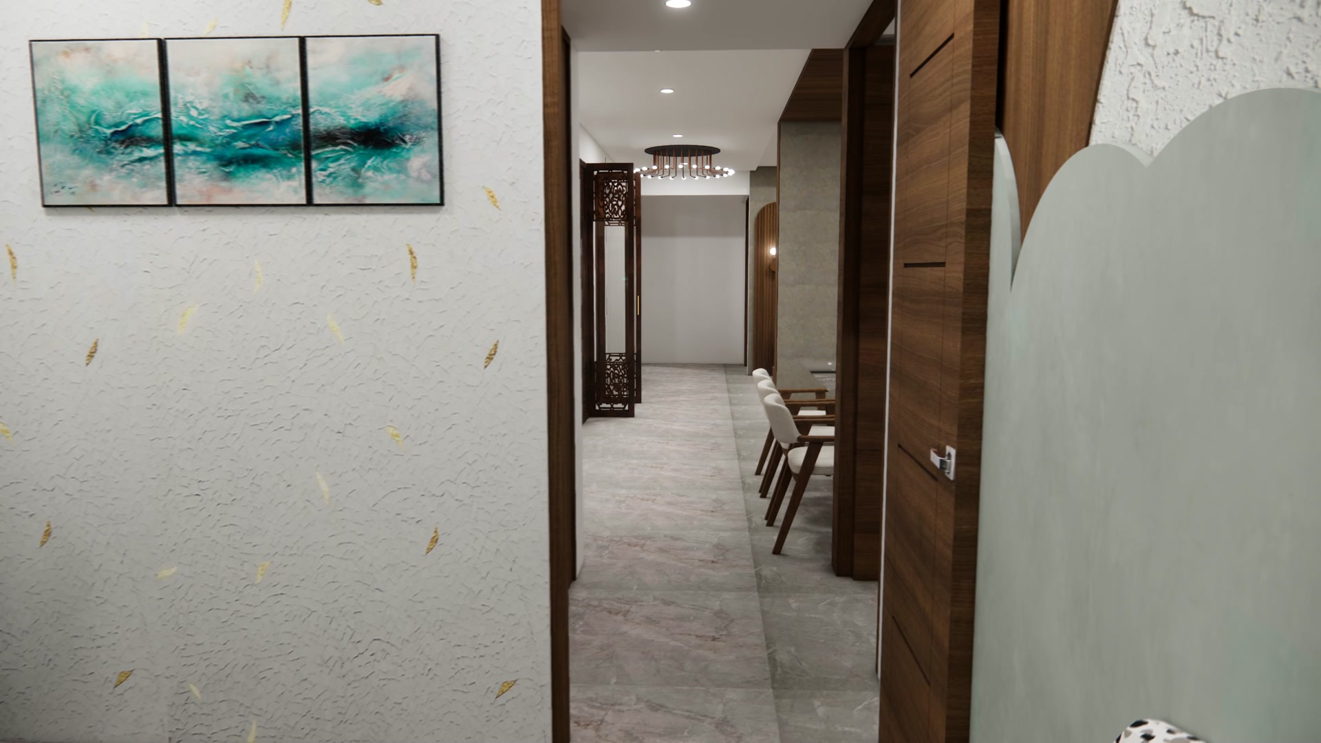 A Marughar home — textured-plaster gallery hall with a carved jali screen