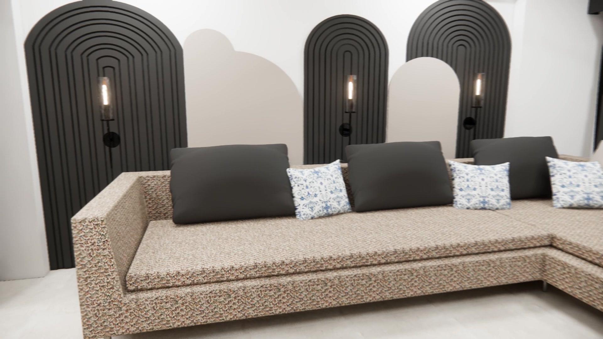 Penthouse 1 — lounge with arched fluted niches and wall sconces