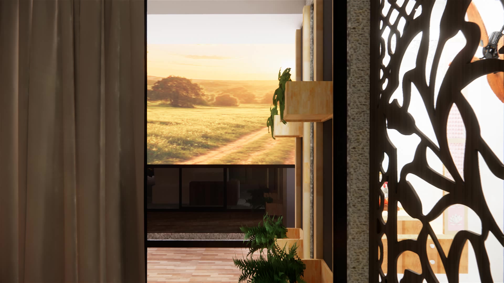 Shivance Signature — study with a laser-cut screen and sunset meadow mural