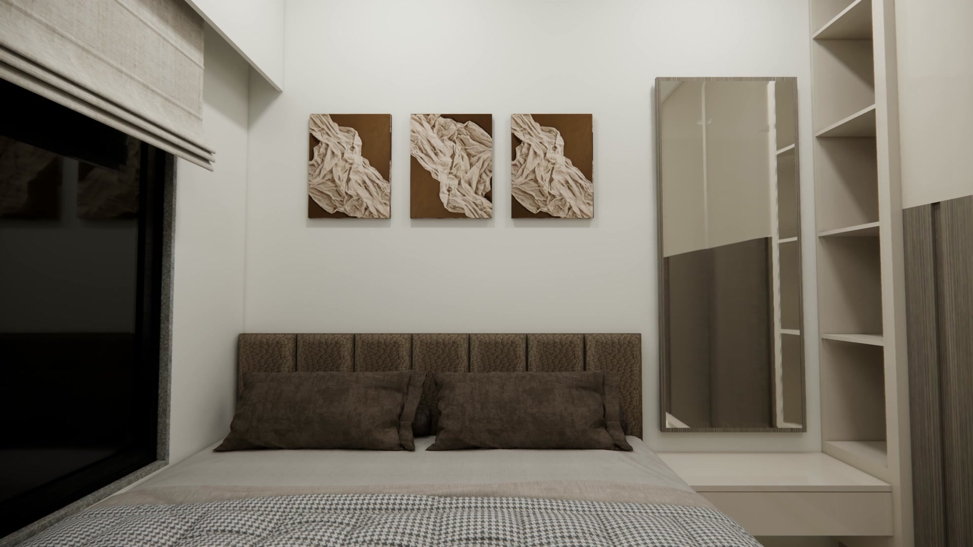Solo Bliss — bedroom with an upholstered headboard and textured triptych art