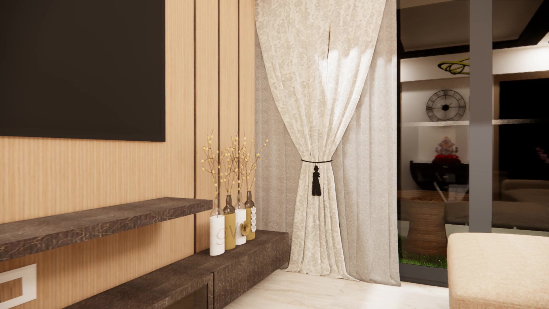 Ekta The Spire — living room with a fluted light-wood media wall
